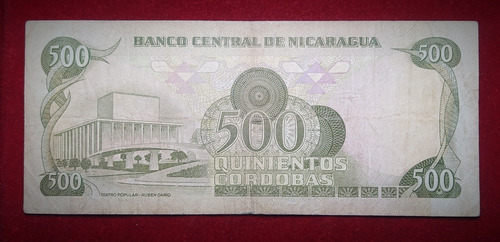 Billete 500 Cordobas Nicaragua 1987 Pick 144 Ruben Darío (Usado)