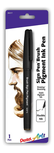 Pentel Arts Sign Pen Brush, Tinta Pigmentada Sepia, 1 Negro