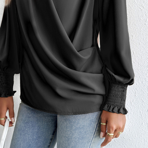 Camisa Feminina De Chiffon Com Decote Em V Lantern Commuting