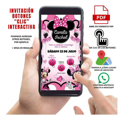 Invitación Digital Pdf Botón Confirmar Y Como Llegar Minnie
