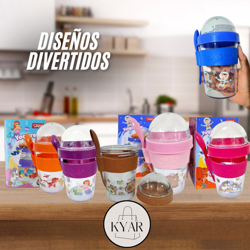 Vaso Yogurt Con Porta Cereal Con Cuchara Para Merienda Niños Azul