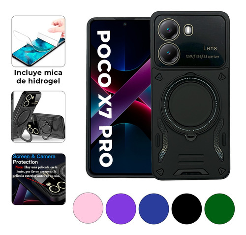 Funda Para Xiaomi Poco X7 Pro 5g (pro) Uso Rudo Rotating Ring Anillo Metalico Protector Para Camara Trasera+ Mica Hidrogel Hd