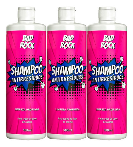  Kit 03 Shampoo Antirresiduo Limpeza Profunda Bad Rock 500ml