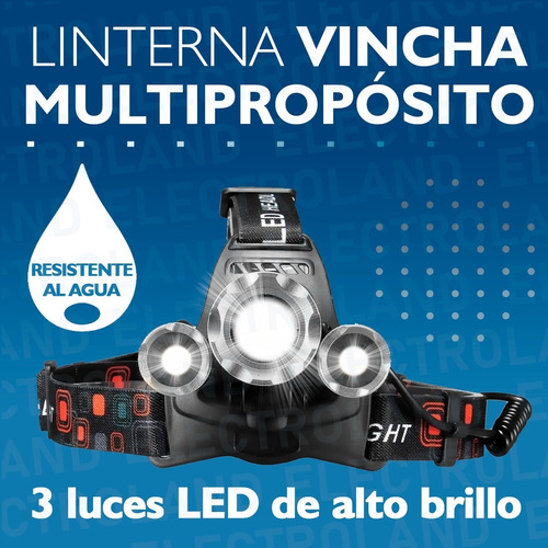 Imagen 3 de 10 de Linterna Minera Vincha Luz Led 3 Cree T6 Usb 12v Recargable