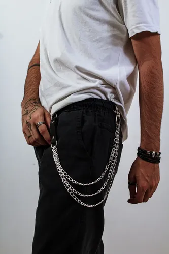 Acessório Corrente Tripla Masculino Tira De Couro Punk Rock Prateado