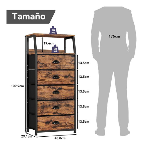 Buró mesa de noche para recamar estilo vintage con 5 cajones de tela y 2 estantes cada capa soporta un peso de 20 kg se puede utilizar como armario de almacenamiento mesita de noche