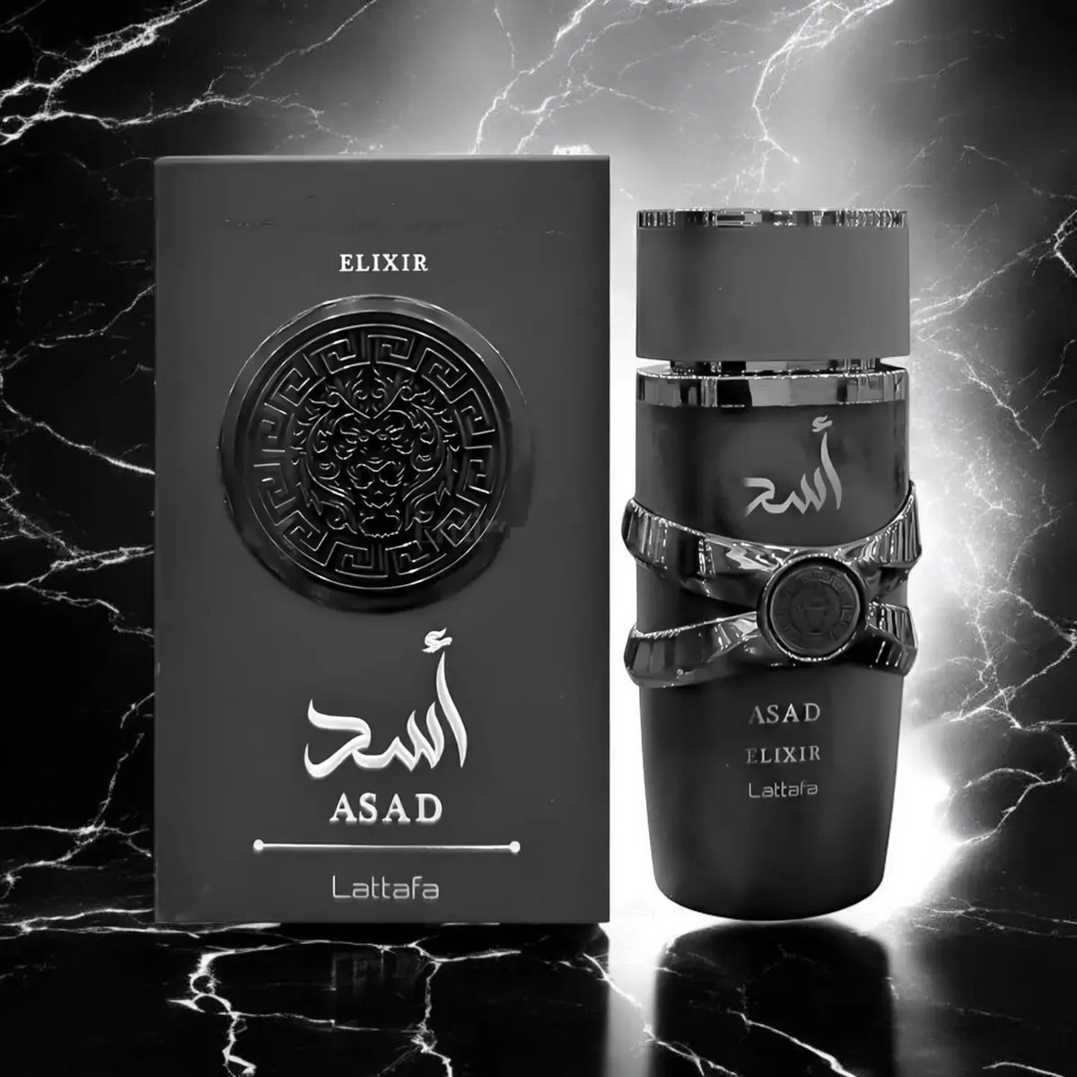 Frasco do perfume Lattafa Elixir Asad Elixir Masc Eau De Parfum 100 Ml