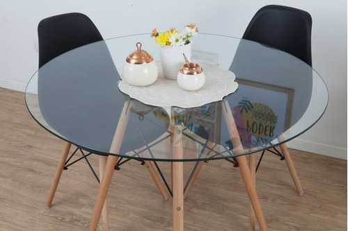 Mesa De Comedor Redonda Vidrio Pata Madera Eames 120cm