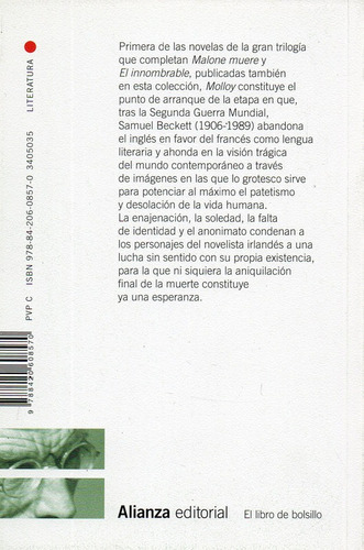 Molloy de Samuel Beckett Editorial Alianza Tapa Blanda en Español 2012