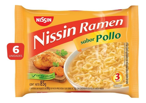 Ramen Nissin Pollo 85 Gr. Pack X6 U. Fideos En 3 Minutos