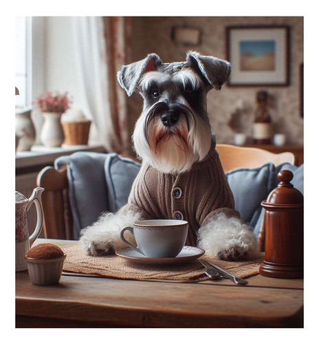 Vinilo 30x30cm Schnauzer En Casa Desayuno Cafe Muffin