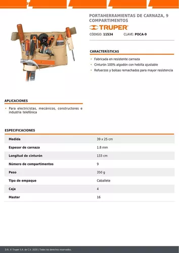 Portaherramientas 9 Compartimientos Carnaza con Cinturon, Truper 11534