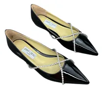 Comprar Tenis  Jimmy Choo Cadena De Cristal Decorada Con Zapatos De Cuero Lacado Negro, Puntiagudos Y Planos