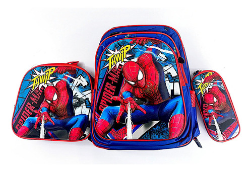 Mochila 3 En 1 Spider Lunchera Lapicera Escolar Esc Araña Hombre Araña