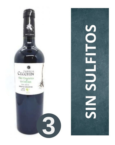 Imagen 1 de 10 de Vino Orgánico Malbec Familia Cecchin 3 X 750 Cc Sin Sulfitos