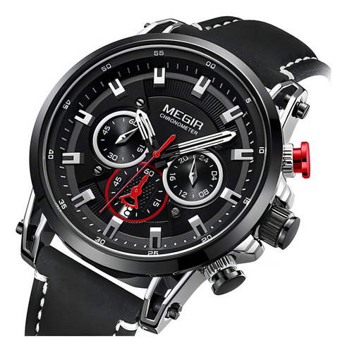 Reloj Cronógrafo De Cuero Impermeable Megir Quartz Color Del Bisel Negra/plateado