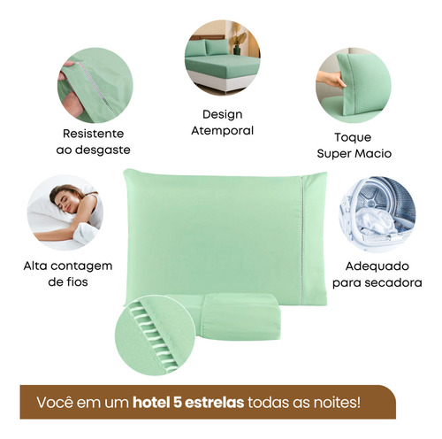 Jogo De Lençol Casal 3 Peças 400 Fios Percal Ponto Palito Macio C/ Elástico Hotel Premium Cor Verde Agua
