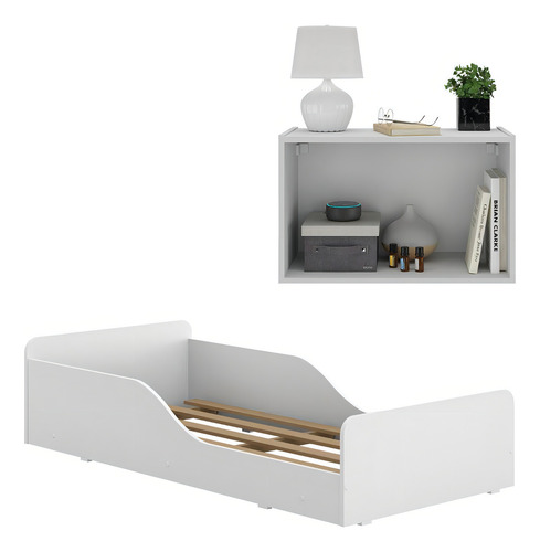 Minicama Montessoriana com Colchão Incluso e Mesa de Cabeceira 2 Portas Multimóveis MP4192 Branco