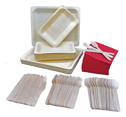 Juegos De Platos De Madera, Cubiertos Y Servilletas 25 Uni