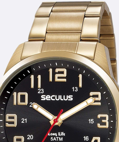 Relogio Seculus Masculino Dourado Preto Long Life C/ Numeros