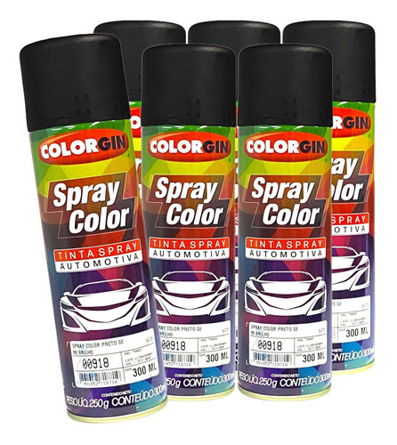 Tinta Spray Preto Semi Brilho Colorgin 300ml - 6 Unidades
