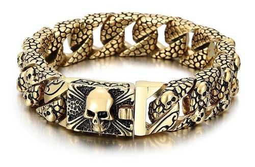 Pulsera Para Hombre De Acero Dorado Con Calaveras Biker