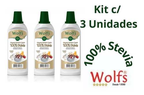Adoçante Líquido 100% Stevia Kit C/ 3 Un De 100ml Wolfs
