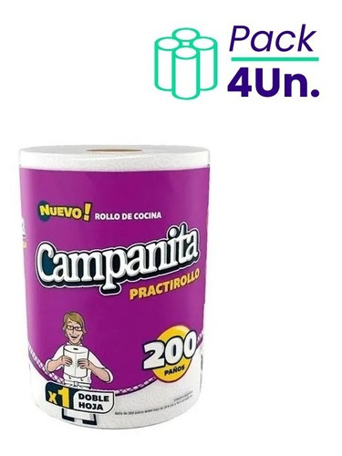 Rollo De Cocina Campanita 200 Paños Pack X4