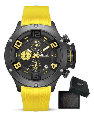 Reloj de pulsera Megir 8115G de cuerpo color negro, analógico, para hombre, con correa de silicona color amarillo y hebilla simple