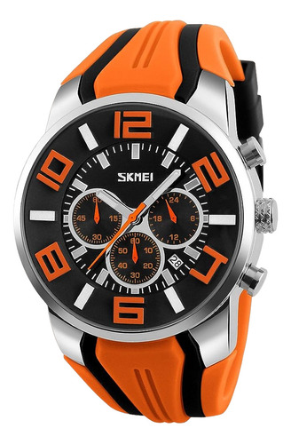 Relógio esportivo impermeável analógico Skmei para homens, cor da pulseira: laranja, cor do bisel, cor de fundo prateado, cor: novo