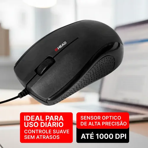 Mouse Óptico Rhead Com Fio MS-26BK Preto, Ergonômico e Para PC