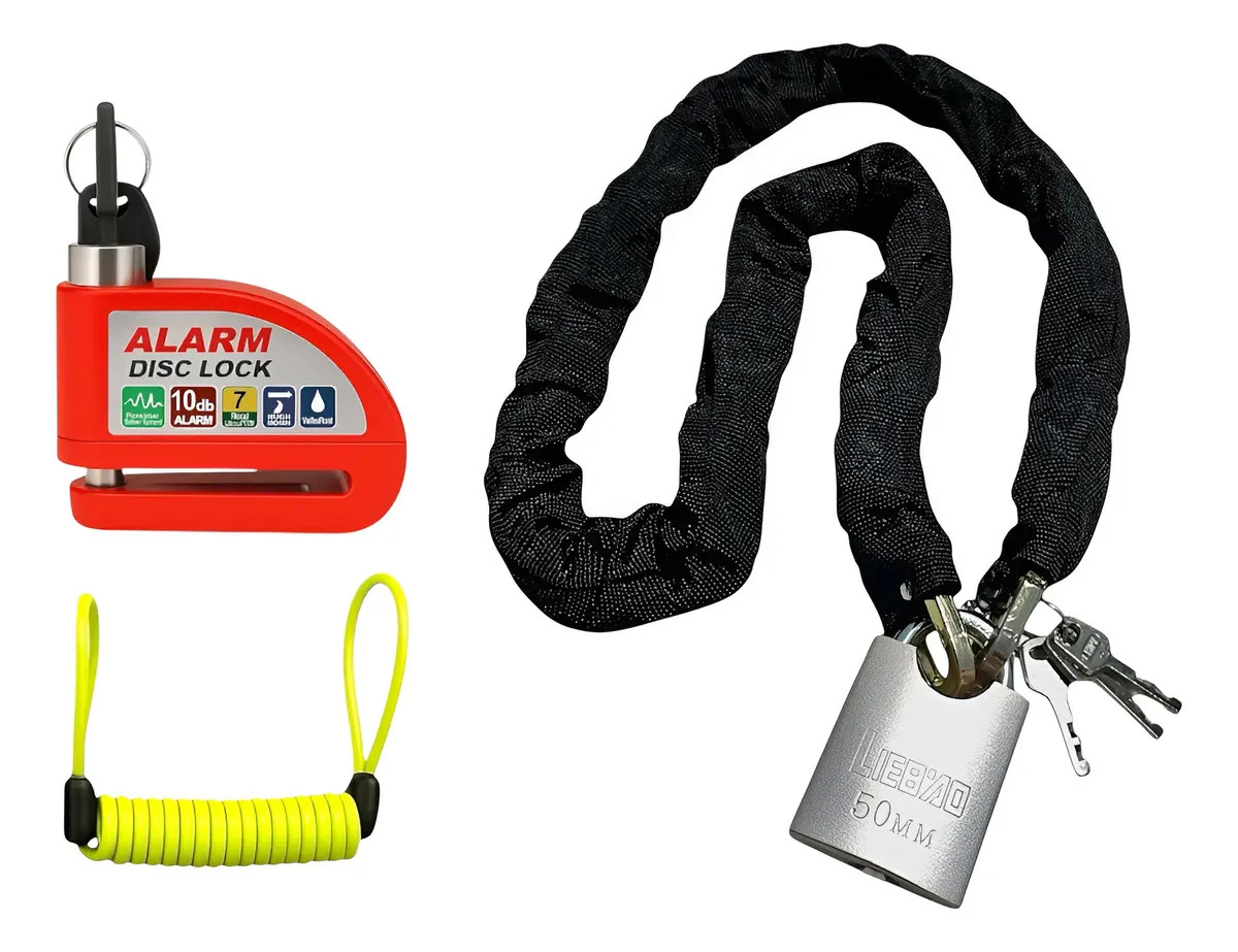 Traba Disco Moto Alarma Freno + Linga Cadena Candado 120cm Rojo