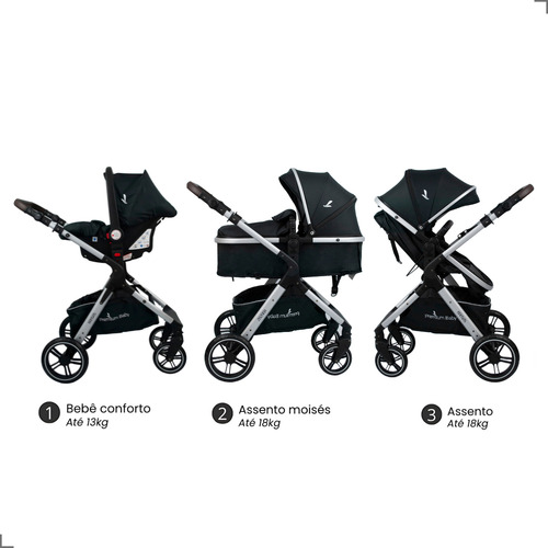 Carrinho De Bebê Moisés Com Bebê Conforto Kansas Preto/prata