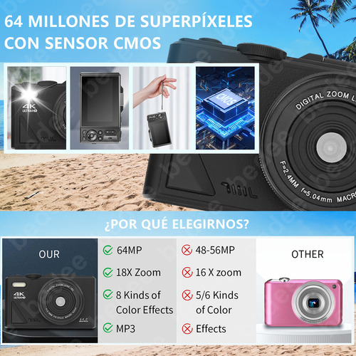 Cámara Digital Bedee 4k 64mp Cámara Vlog Con Tarjeta +32gb 2 Pilas Color Negro