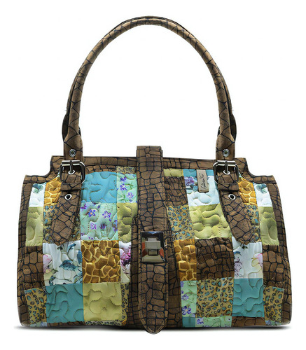 Bolsa Feminina Ombro Nuanda Patchwork Giulianna Fiori Cor Marrom claro-Azul Desenho do tecido Costura