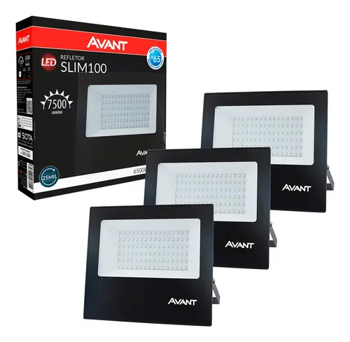 Foto real de Kit 3 Refletor 100W LED 6500k Branco Frio Avant Externo IP65 Cor da Carcaca Preto Cor da Luz Branco Frio