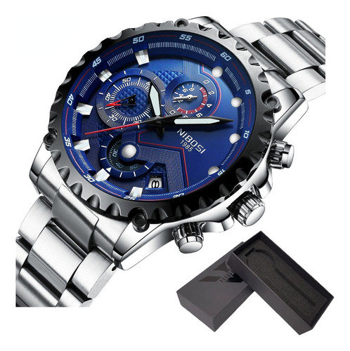Relógio luminoso esportivo Nibosi Chronograph com pulseira de aço, cor de fundo prateada/azul
