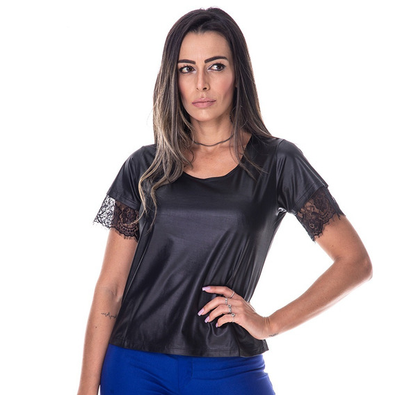 blusa manga curta de couro sintetico feminina