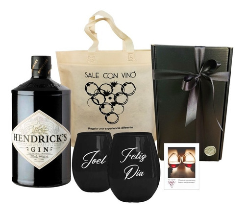 Regalo Box Gin Hendricks + 2 Vasos Negros Grabados Kit 