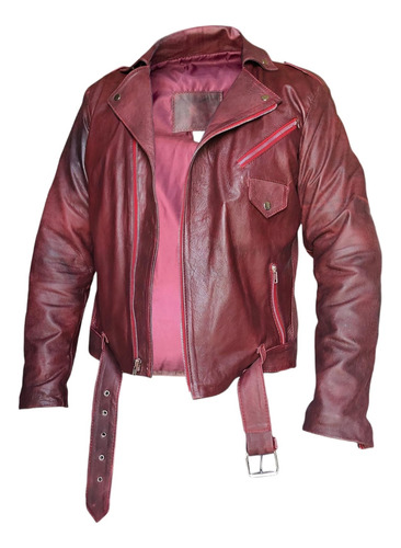 Chamarra De Piel Vino Estilo Rockero Slim Fit Biker