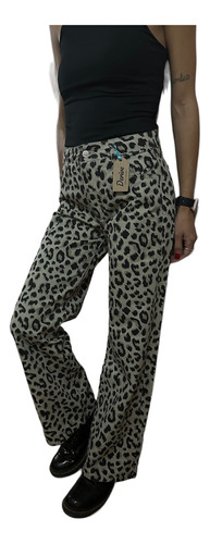 Pantalon Jean Demin Animal Print Leopardo Wide Leg Tendencia