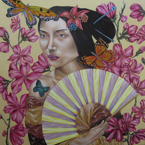 Cuadro Moderno Mujer Flores Mariposas Oleo 100x100 Cm