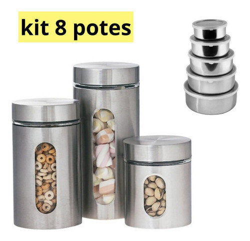 Kit 8x Potes Para Mantimentos De Aço Inox E Vidro Com Tampa