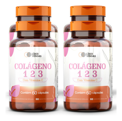 Colágeno Tipo 1,2 E 3 Com Vitamina C- 60 Cápsulas 1g 4 Potes