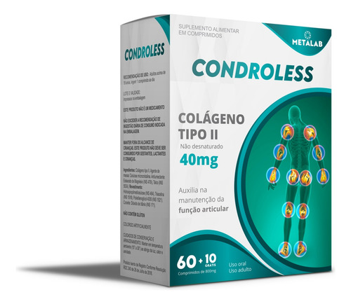 Metalab Condroless Colágeno Tipo II No Desnaturalizado Comprimidos De 800mg + 10 Comp Sabor Sem Sabor