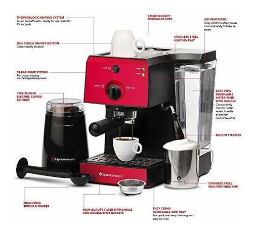 Cafetera Espresso Con Espumador Rojo Espressoworks 15 Bar