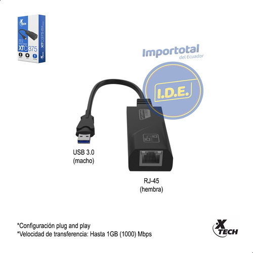 Adaptador De Red Con Conector Usb 3.0 A Rj-45 Xtech Xtc-375