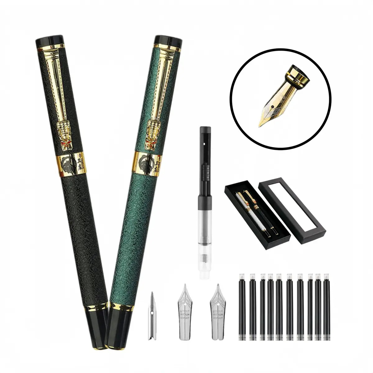 2 Pzs Estilográfica De Alta Calidad Plumas Fuente Con Tinta Negro/verde Oscuro Negro - Diáfana