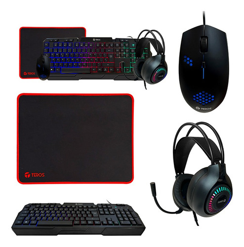 Combo Teros Te-4063n, Teclado Multimedia, Mouse, Headset, Mo