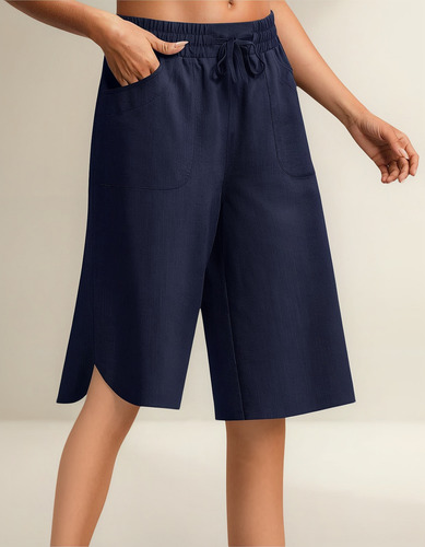Pantalones Cortos De Cintura Elástica Con Bolsillos De Lino